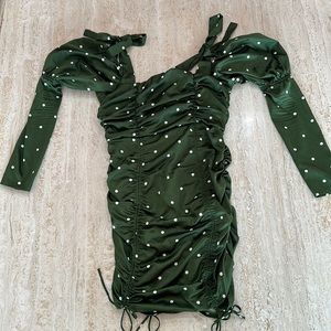 For Love Bell rushed Green White polka dots mini long sleeve dress (size large)